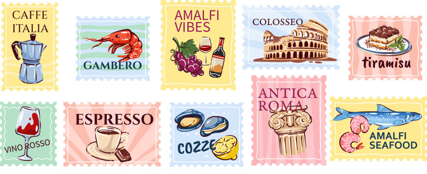 Italian stamp set with Amalfi lemons, seafood, pasta, gondola, Rome, Pisa and seaside icons. Travel branding, menu and packaging with italian stamp set, cartoon vector illustration
