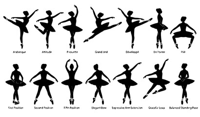 Classic Ballerina Silhouette Set Elegant Ballet Dancers with Pointe Shoes Vector Clipart Collection on White Background © Shapla