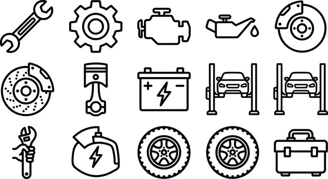 Car repair service auto mechanic tools workshop maintenance vehicle diagnostic outline vector icons set
