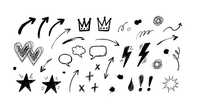 Hand drawn doodle set including arrows crowns hearts stars and speech bubbles for creative notebook journaling layouts.