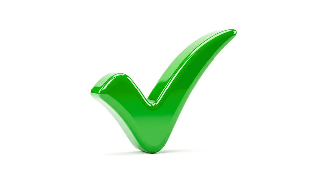 Bright green glossy 3d checkmark correct tick sign isolated on white background representing approval success yes confirmed positive verification approved
