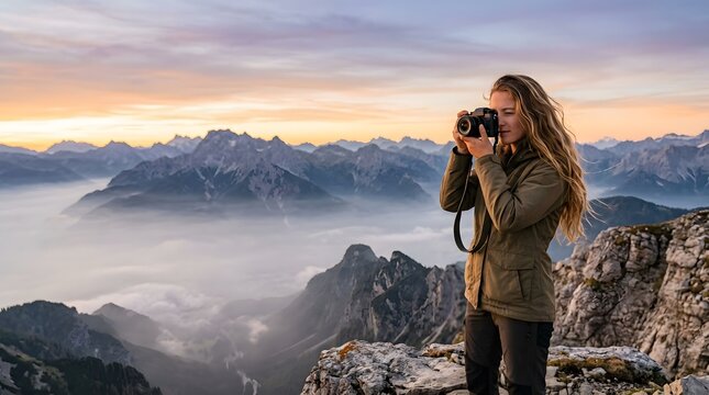 Millennial woman pursuing her landscape photography passion on a misty morning