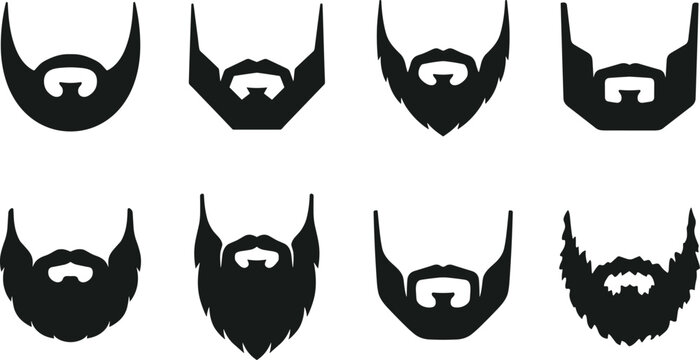 Collection of beard silhouette illustrations showing different facial hair styles from short geometric designs to full natural beards