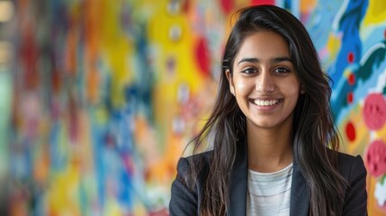 Naklejka premium Portrait of confident young Indian business woman smiling while standing against colorful abstract wall in office.