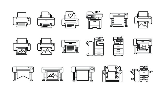 Collection of modern outline printer and copier icons representing various printing and office equipment technologies