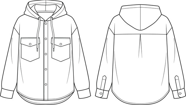 Detailed technical fashion flat sketch of hooded shirt jacket with front and back views, pockets, cuffs, and curved hem