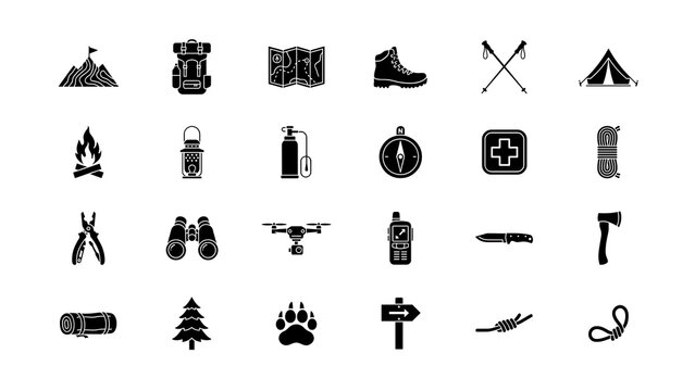 Set of hiking and camping icons in solid black silhouette, including backpack, tent, and campfire.