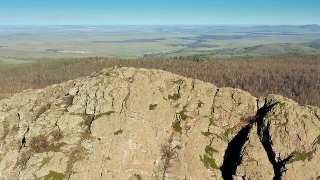 Southern Urals in spring: Yanguziai mountain of the Irendyk ridge. Aerial view.