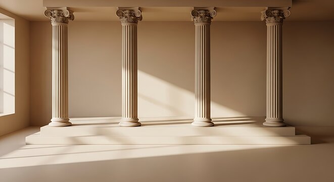 Interior view of four neoclassical columns in a sunlit room, with a window on the left