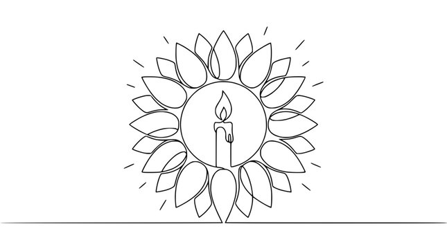 Single Line Drawing of a Candle Flame within a Sunflower Outline, Symbolizing Hope and Light