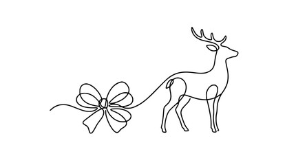 Continuous line drawing of a reindeer with a bow, festive holiday theme © Wachidatun