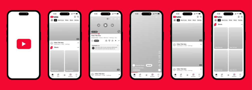 YouTube mobile app UI UX interface smartphone screen mockup video streaming feed, YouTube Shorts, profile, comment, subscribe, notification logo icon. Social media application layout template