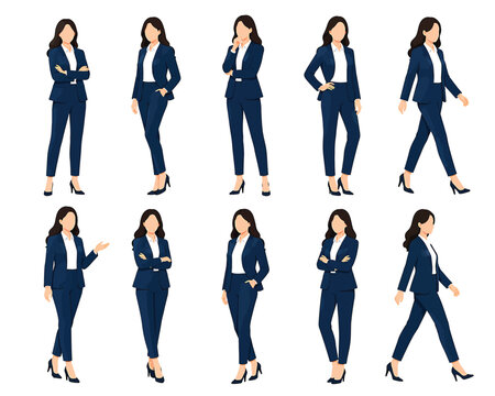 Business woman character set in navy blue suit showing various poses and gestures for professional corporate presentation use.