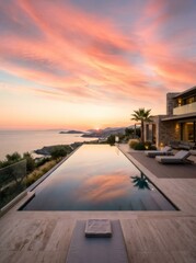 Fototapeta premium Luxury terrace with infinity pool overlooking ocean during sunset. Modern resort villa with water reflection. Summer vacation destination, travel relaxation and serenity lifestyle concept.