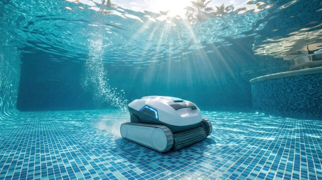 Robotic pool cleaner moving underwater on tiled floor. Automatic machine scrubbing swimming pool surface. Technology for home maintenance and water purification. Innovative smart device.
