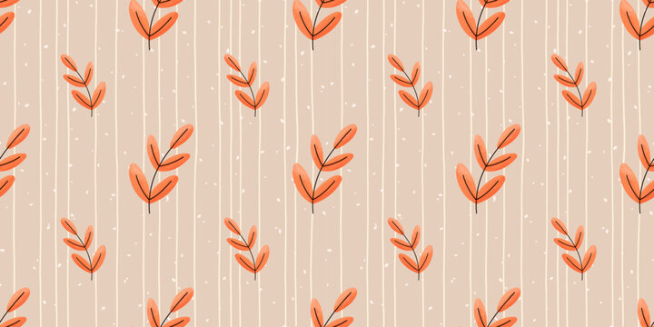 Leaves leaf thanksgiving pattern with watercolor and seamless gingham striped autumn line elements. This vintage background for harvest oak graphic linear drawing vector cute fall textile.