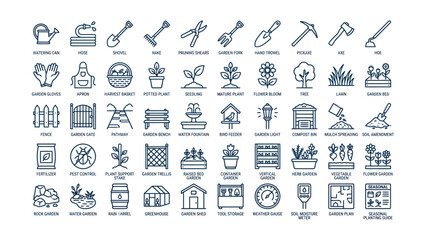 A comprehensive set of gardening tools plants and outdoor garden elements line icons collection on white background perfect for web and print design © MARUF