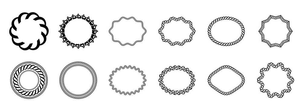 Oval set rectangle rope ribbon knot knit boarder and western frame. Nautical cowboy vector for candy cord logo through horizontal. Thin outline white thread shape and wave within.