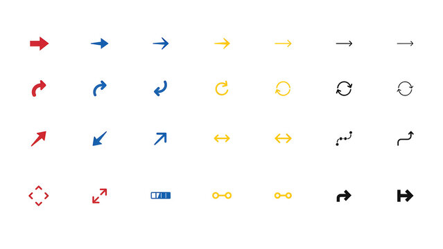 Colorful collection of arrow and directional icons in red, blue, and yellow for various navigation purposes.
