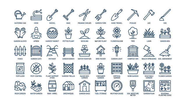 A comprehensive set of gardening tools plants and outdoor garden elements line icons collection on white background perfect for web and print design