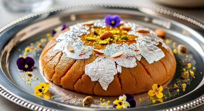 Decorative Round Cake With Edible Silver Leaf and Flower Garnish on Metal Tray