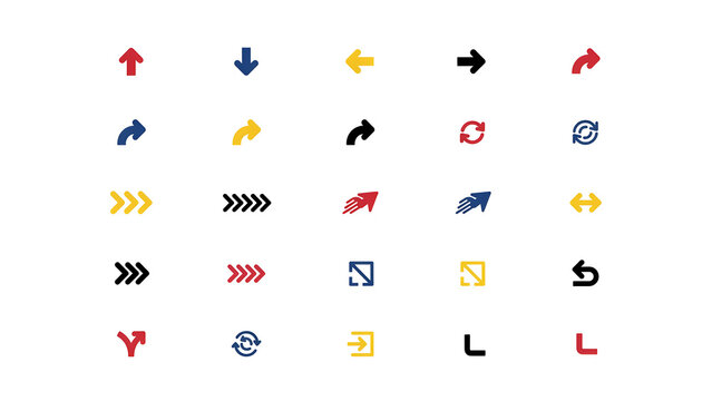 Professional set of arrow icons featuring diverse directions and styles for modern digital navigation interface layouts.