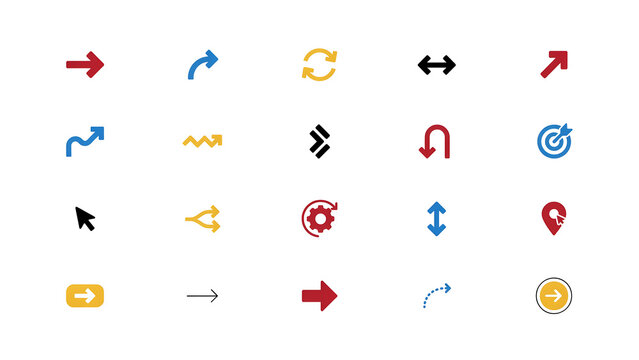 Set of colorful arrow icons showing various movement and navigation directions for digital user interface design projects.