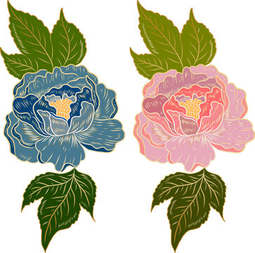 Peony flower vector for tattoo design.Traditional Japanese floral illustration for doodle art and printing on background.Peony vector for sticker and printing on shirt.