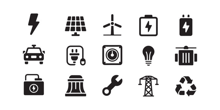 Professional set of electrical engineering and industrial power icons for complex system mapping.