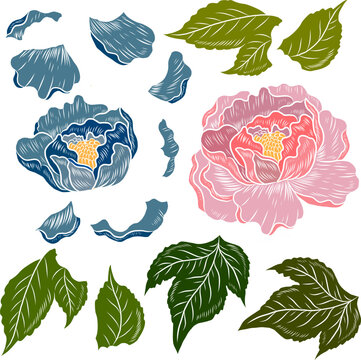 Peony flower vector for tattoo design.Traditional Japanese floral illustration for doodle art and printing on background.Peony vector for sticker and printing on shirt.