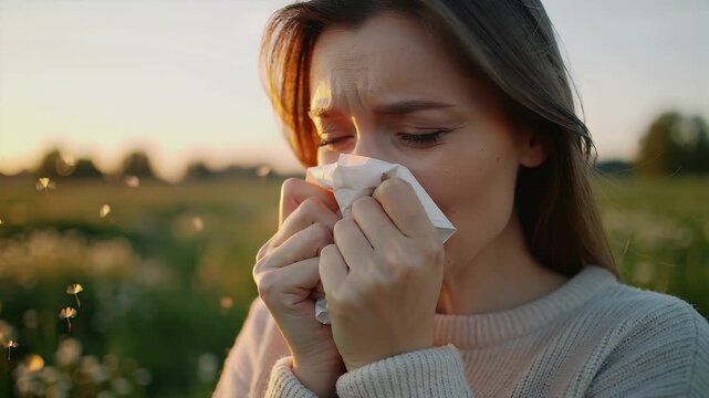 Woman sneezes in a field during sunset while holding a tissue and looking uncomfortable about her allergies
