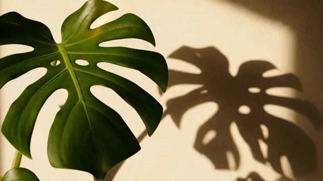 Monstera leaf casting shadow on a white wall. Tropical plant foliage with sunlight flare. Botanical interior decoration for modern home and office living space