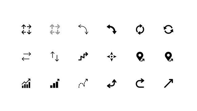 Professional set of black arrow icons for website navigation and interface design showing movement and flow indicators.