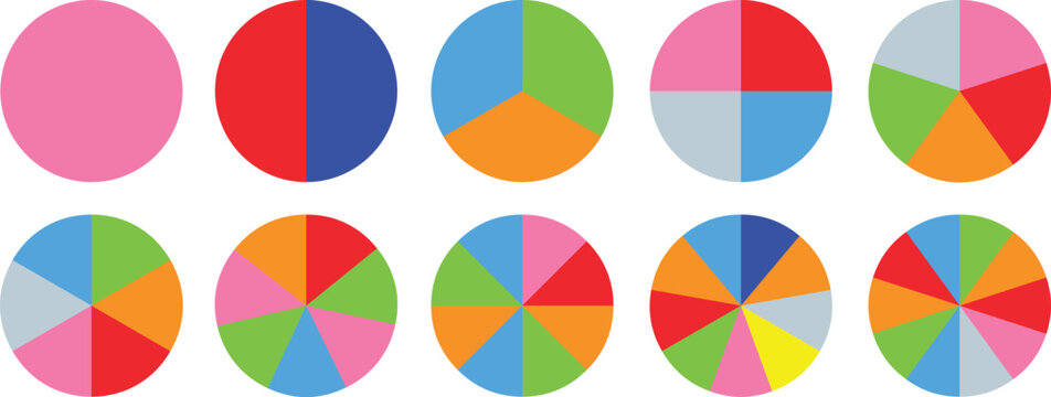 Circle division on from 1 to 14 equal parts. Wheel life round divided diagrams with segments. Blank infographic progress blue icons. Coaching flat tool. Segmented simple pinwheels.	
