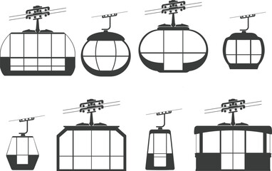 Various cable car gondolas suspended by cables in different shapes and sizes isolated on transparent background © OnlineVector