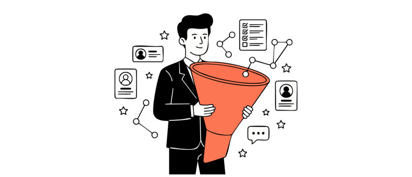 Sales funnel lead generation businessman holding orange cone for customer acquisition, recruitment, CRM marketing process, business conversion and filtering data. Minimal line art vector illustration