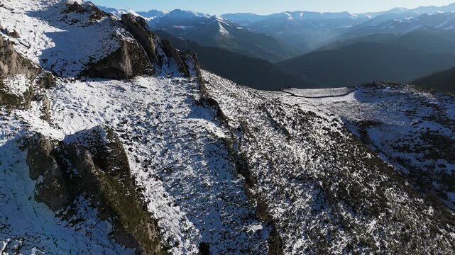 Snow covered mountains in Asturias captured by drone