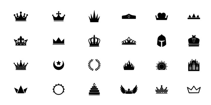 Crowns and Royal Symbols Arranged in a 4x6 Grid with Various Designs and Styles Featuring Crown, Symbol, Icon with Design