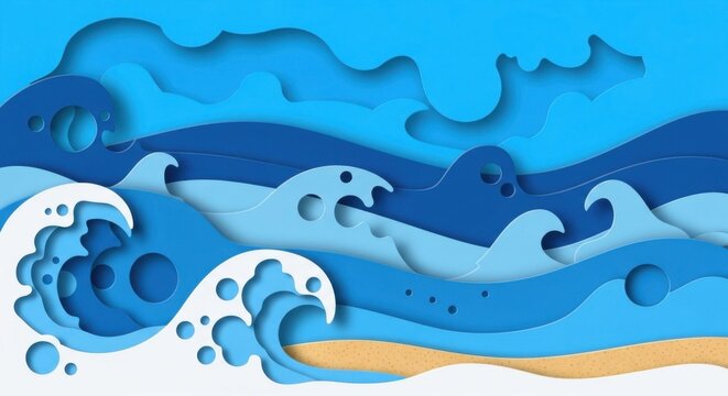 ocean waves on beach, blue paper cutout art