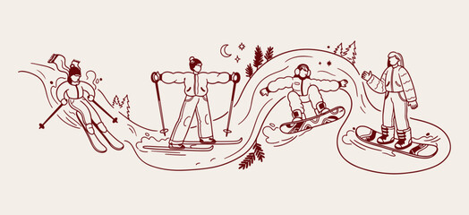 winter ski resort mountain, snowy mountain sports sketch, skiing snowboarding holiday icons, winter vacation adventure design, mountain winter sports set, active winter holiday theme, outdoor winter s © Geetaroy