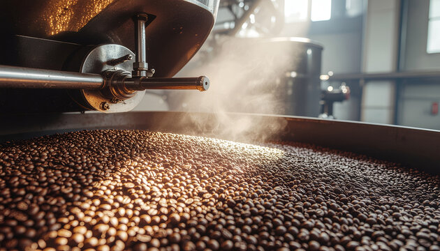 A close-up view showcases a large industrial coffee roaster in action, filled with roasted coffee beans and releasing wisps of steam, highlighting the process of coffee production.