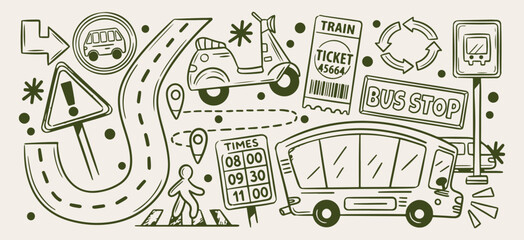 travel road trip map, vacation holiday adventure icons, world travel exploration doodle, journey transportation tourism sketch, backpacker roaming travel set, scenic voyage trip design, global travel  © Geetaroy