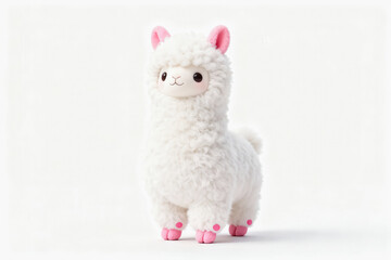 Obraz premium A soft, fluffy white alpaca plush toy with pink ears, hooves and accents, set against a plain white background.