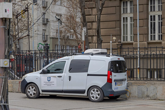 Air Quality Lab Vehicle Parked at City Street Measuring Pollution
