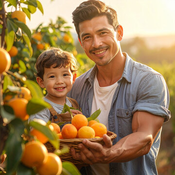 Happy father and son harvesting oranges in a sunny orchard