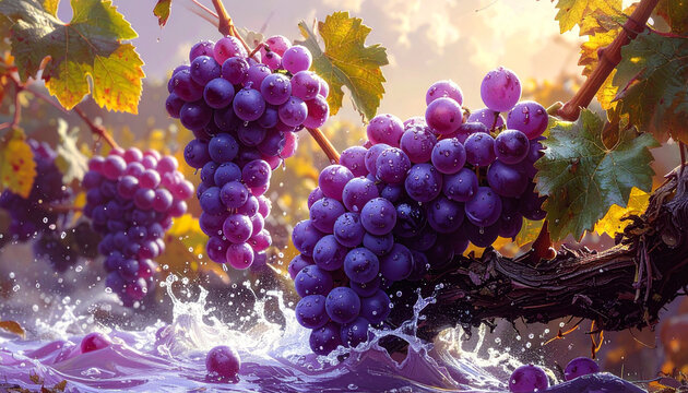 Fresh Purple Grapes on Vine with Water Splash in Sunny Vineyard