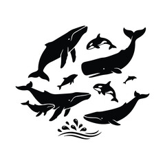 Circular arrangement of black silhouettes of whales and orcas with splashes © ADURI