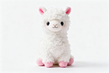 Obraz premium A soft, white fluffy alpaca plush toy with pink ears and feet, designed as a cute stuffed animal for decoration or play.