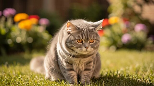Fluffy grey cat sitting in a sunny flower garden