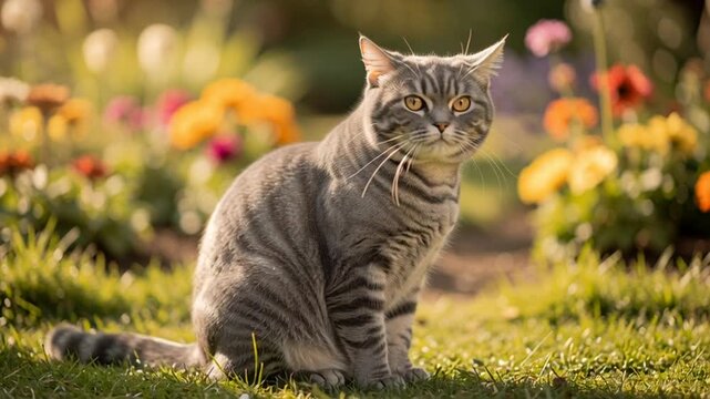 Adorable tabby cat sitting in a sunny garden with blooming flowers
